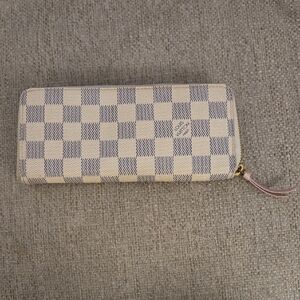Authentic Louis Vuitton Cream and Gray Check Zip Around Wallet with Pink Pull